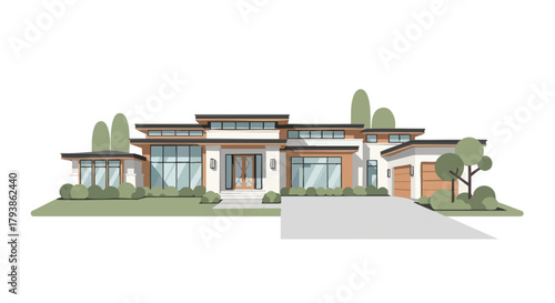 Contemporary dwelling illustration with expansive windows and verdant landscaping exemplifying modern architectural design and minimalist detailing