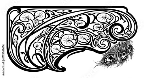 Art Nouveau decorative element with peacock feather and water lilies.