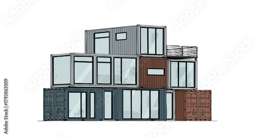 Architectural Concept: Stacked Shipping Containers Transformed into a Unique Living Space Depiction
