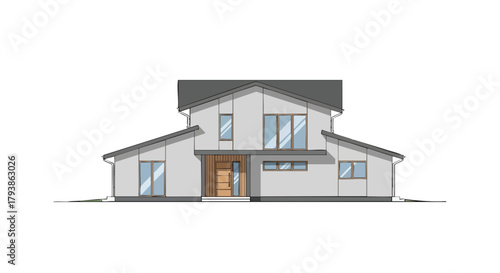 Architectural rendering showcasing a contemporary two-story house facade design featuring clean lines and a minimalist aesthetic style