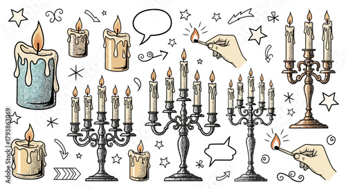 Elegant Candles and Candelabras: Hand-Drawn Vector Illustration with Flame Elements