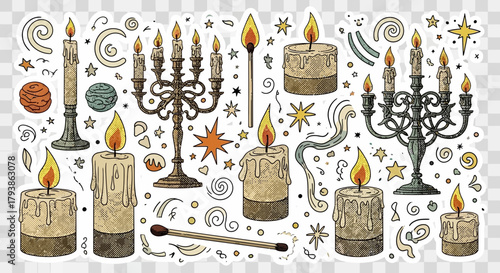 Hand-drawn sticker sheet with vintage candles, candelabras, matches, and celestial elements
