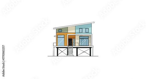 Architectural elevation showcasing a contemporary raised dwelling with vibrant color blocks and sleek lines offering a unique design perspective