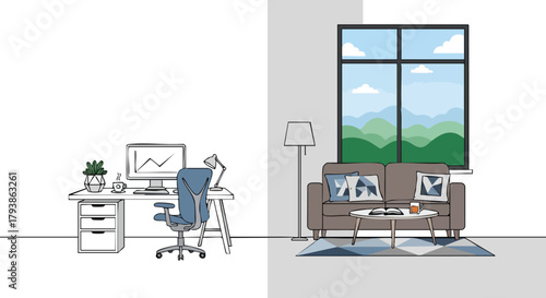 Drawn digital workspace and living space with furniture depicting a productive and relaxed home environment perfect for modern lifestyles