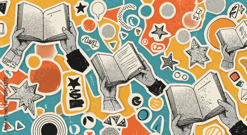 Colorful background with hands holding books surrounded by retro graphic elements