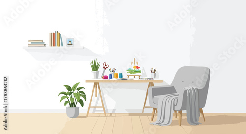 Serene creative workspace featuring a minimalist desk art supplies and comfortable armchair in a well lit room