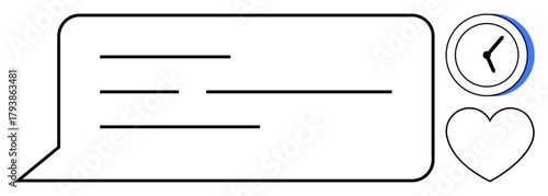 Speech bubble with lines, clock, and heart icon representing communication, time management, and engagement. Ideal for messaging, chat, planning, communication connection social media simple flat