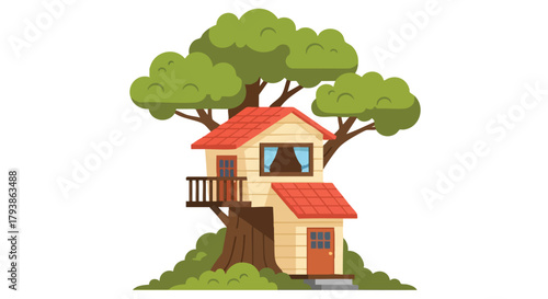 Whimsical treehouse abode amidst lush greenery, a charming escape offering tranquility and a touch of adventure within the embracing branches of