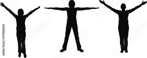 Mans with his hands up silhouette. Freedom man silhouette for modern design. Two joyful figures kneeling in celebration vector illustration