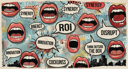 Pop Art Business Jargon Background with Lips and Speech Bubbles in Urban Setting