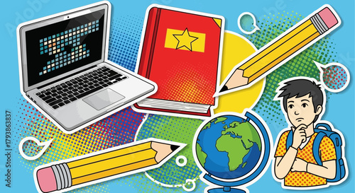 Diverse education tools illustration with schoolboy thinking about future learning