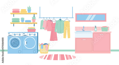 Pastel laundry room scene with washing machines, hanging clothes and pink cabinets and shelves that evoke a calm domestic atmosphere