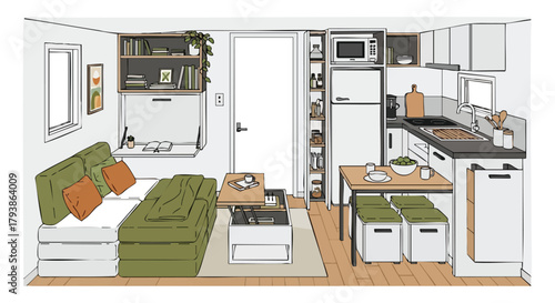 Cozy and Functional Micro Apartment Interior Design with Smart Storage Solutions and Convertible Furniture Layout
