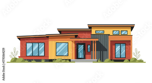 Modern Sustainable Prefab Home Architecture Design Illustration with Clean Lines and Warm Colors Showcasing Minimalist Design Principles