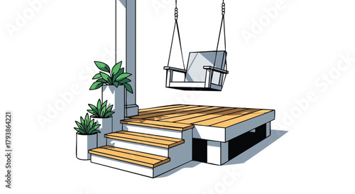 Cozy Outdoor Retreat: A Charming Porch with a Relaxing Swing and Lush Greenery Illustration