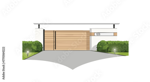 Contemporary residence entrance with wooden gate and manicured landscaping showcases modern architectural aesthetics and minimalist design elements
