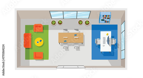 Modern office space layout featuring collaborative meeting area and individual work station arrangement