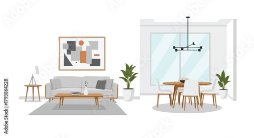 Stylish Interior Scene with Modern Furniture, Abstract Art, and Natural Light Illustration