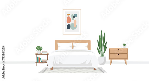 Serene bedroom interior with minimalist furniture and calming abstract artwork featuring a cozy atmosphere and clean design scheme enhancing