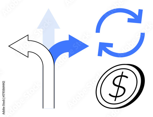 Diverging arrows, circular arrow, and dollar coin highlight decision-making, processes, and financial options. Ideal for business, finance, workflow, choice economy strategy investment simple flat