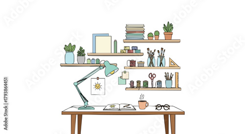 Cozy and Organized Workspace Illustration with Desk, Lamp, Shelves, and Creative Supplies