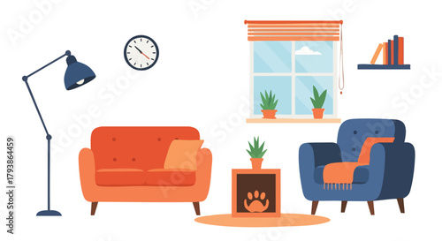 Cozy Living Room Interior with Modern Furniture and Pet-Friendly Decor for Relaxation