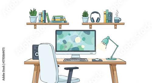 Illustration of a cozy home office setup with desk, computer, shelves, and various accessories for working or studying