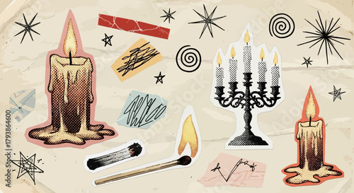 Collection of hand-drawn occult symbols and stickers on a textured background