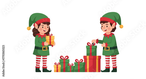 Two cartoon elves with gifts one holding a wrapped present the other placing a bow on a gift