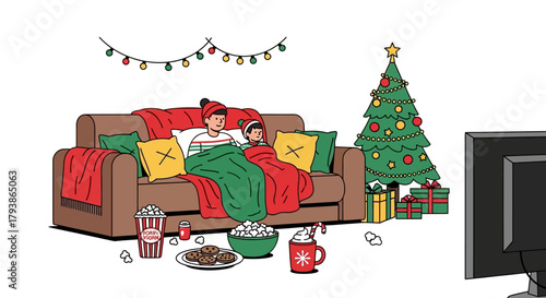 Family Enjoying Christmas Movie Night at Home with Decorations