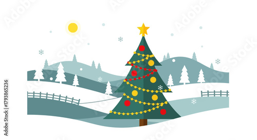 A Christmas tree stands in a snowy hilly landscape with snowflakes and a yellow sun