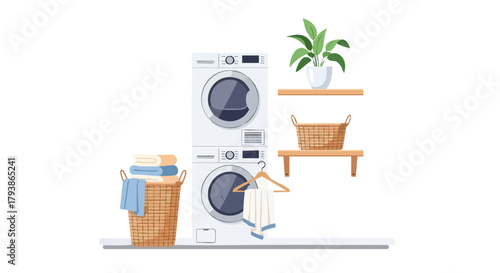 Laundry day scene showcasing a stacked washer and dryer unit alongside organizational elements with a potted plant for a touch of nature