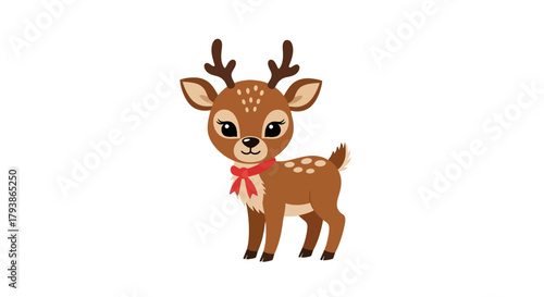 A cute fawn with a red ribbon is standing on a white background
