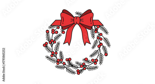 A Christmas wreath with evergreen branches red berries and a festive red bow