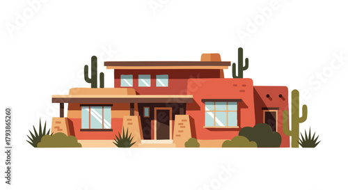 Serene Southwest Adobe Home Illustration with Desert Landscape Elements and Geometric Design