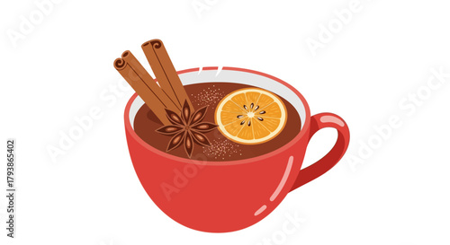 A red mug filled with mulled wine garnished with an orange slice star anise and cinnamon sticks