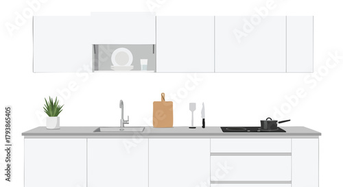 Clean and Modern Kitchen Interior Featuring Sleek White Cabinets and Minimalist Decor with Natural Light  Creating a Calm and Inviting Culinary Space