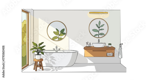 Sunlit serenity: A minimalistic bathroom design blending nature with modern aesthetics, featuring botanical accents and soft natural light for a