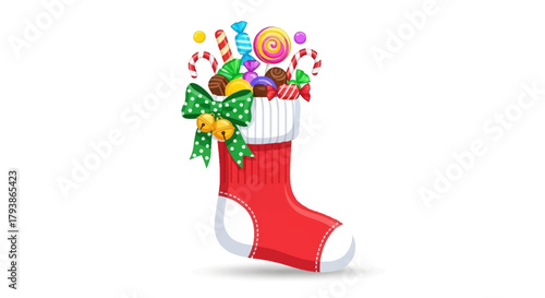 A red Christmas stocking filled with assorted candy and tied with a green polka dot bow with two gold bells