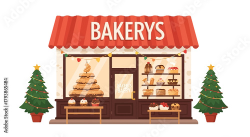 Bakery facade with awning displays and Christmas trees