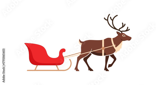 Cartoon reindeer pulling a red sleigh against a white background