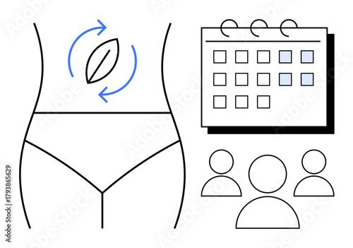 Female body outline with digestion concept, calendar indicating planning, and user icons. Ideal for health, wellness, digestion, menstrual cycle tracking, fitness plans, medical topics simple flat