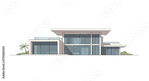 Stylized architectural rendering of a modern minimalist luxury villa with flat roof and sleek design featuring glass facade