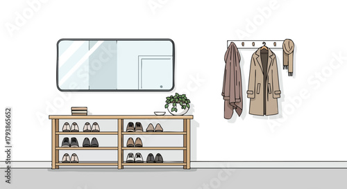 Inviting entryway design with a practical shoe rack, mirror, and coats hanging on the wall creating a clean minimalist aesthetic offering both style