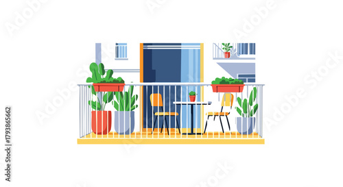 Stylish Balcony Design with Potted Plants, Modern Furniture, and Serene Urban Living Illustration
