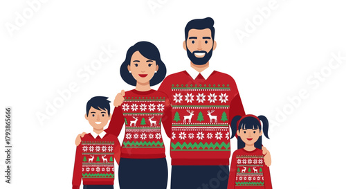 Cartoon family of four wearing matching Christmas sweaters smiling together