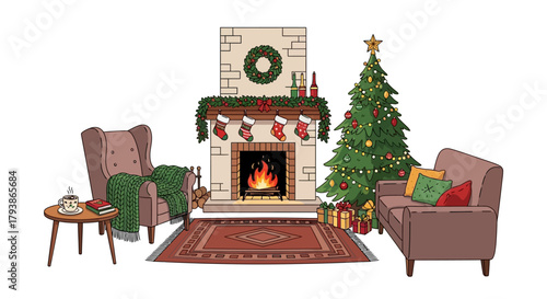 Cozy Christmas scene with fireplace tree armchair and presents in a room