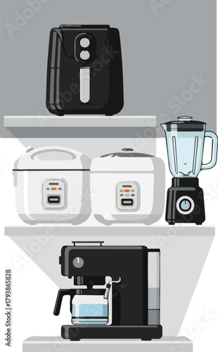 Collection of kitchen appliances including coffee maker and blender on shelves