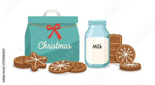 Festive scene turquoise bag with Christmas milk bottle gingerbread cookies holiday treat setup