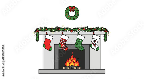 Fireplace with stockings  a wreath above